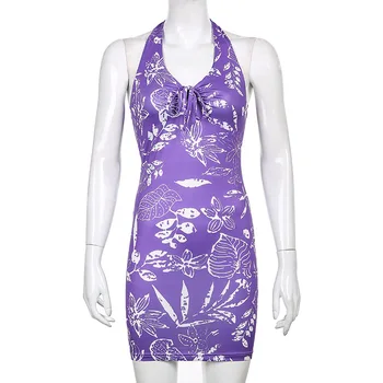 Seksualus Mini Apynasrio Bodycon Slim Suknelė Moterims Vasaros 2021 Y2k Mielas Violetinė Gėlių Lapų Spausdinimo Suknelės, Šaliai Klubo V Kaklo Paplūdimio Suknelė