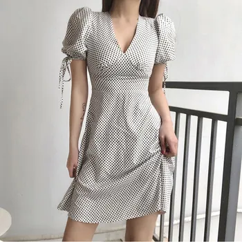 Elegantiškos Polka Dot formos dugną-line Suknelė Moterims Žibintų Rankovėmis Aukštos Juosmens Mini Suknelė Elegantiškas Office Lady Suknelės Pavasario Vasaros 2021