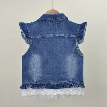 Merginos 3D Gėlių Pearl Nėrinių Džinsinio audinio liemenė, siuvinėta liemenės vaikams nauja mada džinsai marškiniai vaikų pavasario rudens rankovių kailis