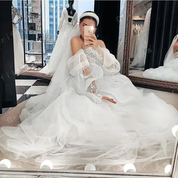 Nuo Peties Vestuvių Suknelės linijos, 2021 Nėrinių Appliques Rusija Stiliaus arabų Saudo Nuotakos Šalis Chalatai Ilgas chalatas de mariée