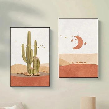 Abstraktus Peizažas Saulė ir Mėnulis Drobės Tapybos Šiaurės Dykumos Kaktusų Plakatai ir Spausdina Sienos Menas Nuotraukas, Namų Puošybai