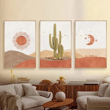Abstraktus Peizažas Saulė ir Mėnulis Drobės Tapybos Šiaurės Dykumos Kaktusų Plakatai ir Spausdina Sienos Menas Nuotraukas, Namų Puošybai