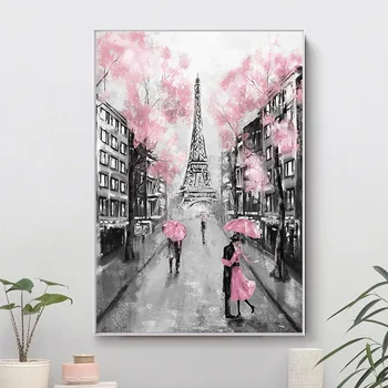 Rožinė Romantišką Miestą Pora Paryžiaus Eifelio Bokštas Kraštovaizdžio Aliejus, Drobė, Tapyba Plakatai ir Spausdinimo Sienos Meno Nuotrauka už Kambarį