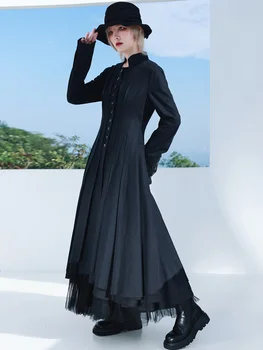 SHENGPALAE Yamamoto Juoda Suknelė Moterų Rudenį 2021 Naujas Stovėti Apykaklės Vieną Krūtinėmis ilgomis Rankovėmis Big Swing Vidurio blauzdos Suknelės