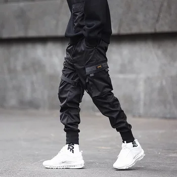 2021 Naujas Vyrų Pusėje Kišenės Krovinių Haremo Kelnės Juodos Juostelės Hip-Hop Atsitiktinis Vyras Poilsiu Kelnės Mados Atsitiktinis Streetwear Kelnės