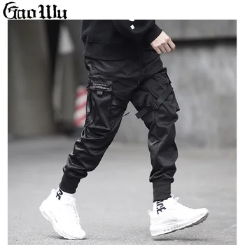 2021 Naujas Vyrų Pusėje Kišenės Krovinių Haremo Kelnės Juodos Juostelės Hip-Hop Atsitiktinis Vyras Poilsiu Kelnės Mados Atsitiktinis Streetwear Kelnės
