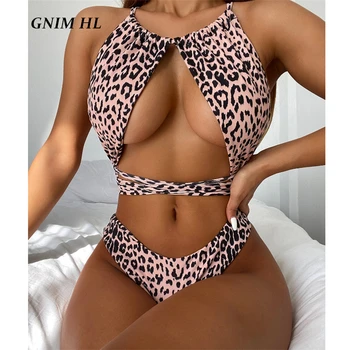 GNIM Seksualus Leopardas Spausdinti Bikini Komplektas 2021 M. Vasarą Tuščiaviduriai Iš Tvarstis maudymosi Kostiumėliai Moterims, 2 vnt Backless Aukštos Sumažinti maudymosi kostiumėlį Biquini Naujas
