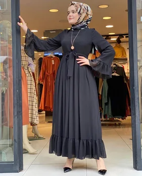 Donsignet Musulmonų Suknelė Moterims Sudegintasis Rankovėmis Šifono Suknelė Musulmonų Mados Skraiste Dubajus Abaja Turkija, Saudo Arabija