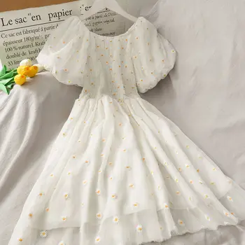 HOUZHOU Gėlių Tinklelio Suknelė Vasarą Moterys Kawaii Sluoksniuotos Rankovėmis Suknelės Baltos spalvos Elegantiška Vintage Saldus Siuvinėjimo Sundress