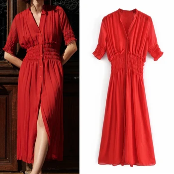 Za 2021 M. Vasarą Raudonos Spalvos Ilgos Suknelės Moterims Atsitiktinis Paplūdimio Suknelė Moteris Derliaus Elastinga Juosmens Šifono Suknelės Trumpas Sluoksniuotos Rankovėmis Suknelės