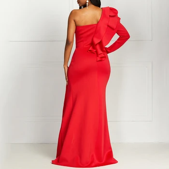 2021 Naujas Moterų Vienos Pečių Elegantiškas, Seksualus Šalies Vakarą Ilgos Raudonos Suknelės Plius Dydžio Bodycon Padalinta Raukiniai Moteriška Suknelė Karšto Pardavimo