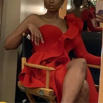 2021 Naujas Moterų Vienos Pečių Elegantiškas, Seksualus Šalies Vakarą Ilgos Raudonos Suknelės Plius Dydžio Bodycon Padalinta Raukiniai Moteriška Suknelė Karšto Pardavimo