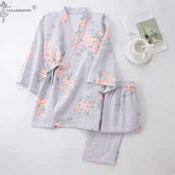 Rudenį 2VNT Japonų Kimono Pižama Nustatyti Grynos Medvilnės mados Moterų Yukata Plonas Spausdinti Japonija Prakaito Garinimas Kostiumas Meilužis Drabužiai