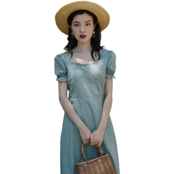 2 Spalvų Vasarą Lady Kietas Midi Suknelė Korėjos Mados Derliaus Dizaino Sluoksniuotos Rankovėmis Aikštėje Apykaklės Raukiniai, Ilgas, Maxi Suknelės Elegantiškas