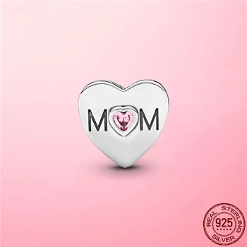 Motinos Dovaną 925 Sterling Silver Pink Mama Širdies Žavesio Karoliukai tinka Originalios Moterų Bangle Apyrankės 