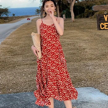Elegantiškas Kilimo Ir Tūpimo Tako Korėjos Vestidos Naujų Gėlių Spausdinti Ilgą Šifono Moterų Sundress Vasaros Bordo Šalies Atogrąžų Atostogų Paplūdimio Suknelė