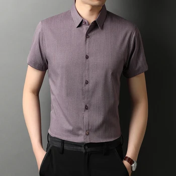 Ledo šilko trumparankoviai marškinėliai, vyriški verslo atsitiktinis biuro darbuotojų įrankiai dryžuotas marškinėliai kieto spalvų vasaros drabužių