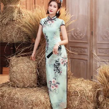 Kinijos Trumpas Rankovės Ilgos Cheongsam Mandarinų Apykaklės Slim Gėlių Spausdinti Qipao Seksualus Padalinta Satino Lady Pokylių Suknelė