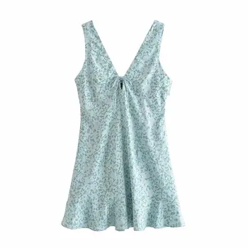 Za 2021 Gėlių Suknelė Moteris Pynimas Backless Mini Suknelė Moterims Žalia Spausdinti Vasaros Šviesos Suknelės Moterims Atsitiktinis Bakas Trumpą Suknelę