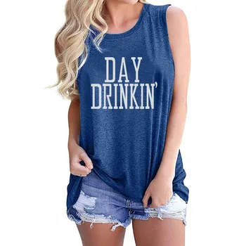 Moterų Dieną Drinkin ' Įgulos Kaklo Tee Hipster Šūkis Grafika Streetwear Vest Estetinės Mėlyna Vasaros Camisole Rankovių Rezervuaro Viršaus