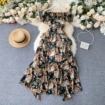 2021 Elegantiška Vintage Vasaros Spausdinti Paplūdimio Suknelės Moterims Gėlių Boho Šalies Siuvinėjimo Seksualus Trumpomis Rankovėmis Suknelė-Line Velniop Kaklo