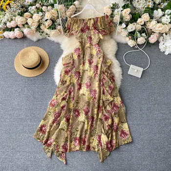 2021 Elegantiška Vintage Vasaros Spausdinti Paplūdimio Suknelės Moterims Gėlių Boho Šalies Siuvinėjimo Seksualus Trumpomis Rankovėmis Suknelė-Line Velniop Kaklo
