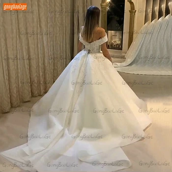 Prabangūs Nėrinių Vestuvių Suknelės Off Peties 2021 Chalatas De Mariee Organza Satino Kamuolys Suknelė Nuotakos Suknelės Teismas Traukinio Abito Da Sposa