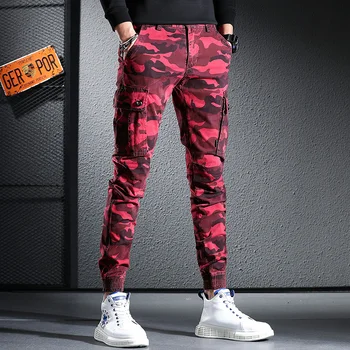 Raudona Kamufliažas Krovinių Kelnės Vyrams Hip-Hop Streetwear Taktinis Multi Pocket Medvilnės Kelnės