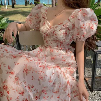 2021 m. Vasarą, Trumpas Sluoksniuotos Rankovėmis Elegantiškas Šifono Suknelė Moterims Gėlių Spausdinti Derliaus Pynimas V-kaklo Suknelės Skraiste Moterys korėjos Vestido