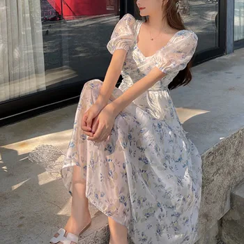 2021 m. Vasarą, Trumpas Sluoksniuotos Rankovėmis Elegantiškas Šifono Suknelė Moterims Gėlių Spausdinti Derliaus Pynimas V-kaklo Suknelės Skraiste Moterys korėjos Vestido