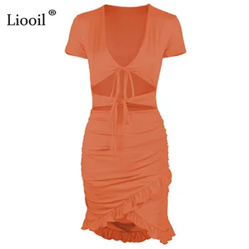 Liooil Seksualus Iškirpti Pynimas Ruched Mini Suknelė Moterims 2021 M. Vasarą Trumpomis Rankovėmis V-Kaklo Tuščiaviduriai Iš Oranžinė Juoda Balta Bodycon Suknelės