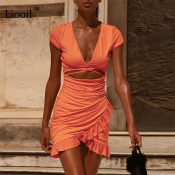 Liooil Seksualus Iškirpti Pynimas Ruched Mini Suknelė Moterims 2021 M. Vasarą Trumpomis Rankovėmis V-Kaklo Tuščiaviduriai Iš Oranžinė Juoda Balta Bodycon Suknelės
