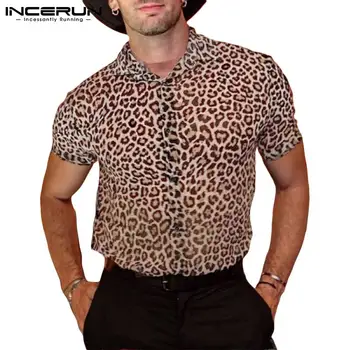 2021 Mados Vyrų Marškinėliai Leopardas Spausdinti Atvartas Streetwear Matyti Per Trumpas Rankovės Ploni Marškinėliai Vasaros Atsitiktinis Camisas S-3XL INCERUN