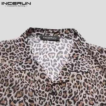 2021 Mados Vyrų Marškinėliai Leopardas Spausdinti Atvartas Streetwear Matyti Per Trumpas Rankovės Ploni Marškinėliai Vasaros Atsitiktinis Camisas S-3XL INCERUN