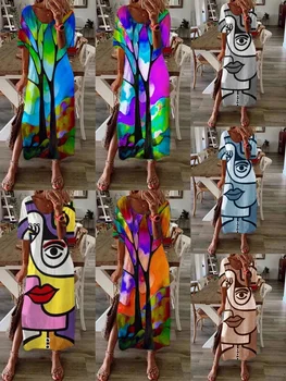 2021 Pavasarį ir Rudenį Naujų Ponios Suknelė Europos ir Amerikos Stiliaus Ritininės Spausdinti Trumpas rankovėmis Apvalios Kaklo Didelis Swing Sijonas WE192