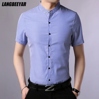 2021 M. Vasarą Naujas Brand Slim Fit Marškinėliai Vyrams Mandarinų Apykaklės Korėjos Trumpomis Rankovėmis Dryžuotas Atsitiktinis Mados Vyrai Dizaineris Drabužius