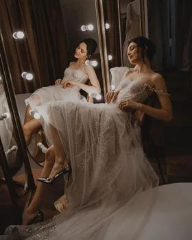 LORIE Šampano Vestuvių Suknelės, Blizgučiai Spageti Dirželis Blizgančių Vestuvių Suknelė China Girl Vestuves Nuotakos Suknelė 2021