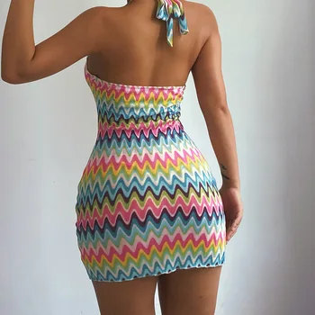 2021 Naujas Vasaros Suknelės Moterims Bodycon Juostele Mezgimo Apynasrio Lac Iki V Kaklo Šalies Beach Party Dress Mini Streetwear Y2K Skraiste