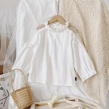 Merginos 2020 m. Rudenį Naujų Produktų Vaikams korėjos stiliaus Marškinėliai Nėrinių Viršūnės Baltos spalvos Nėrinių Sluoksniuotos ilgomis Rankovėmis Mergina Marškinėliai Vaikams Viršūnes Drabužiai