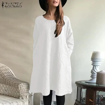 ZANZEA 2021 m. Pavasarį Palaidinė Moterims, O Kaklo Kietas Prarasti Viršūnes Tunika Vintage Cotton Blusas Mujer Atsitiktinis ilgomis Rankovėmis Ilgai Marškinėliai Moteriška