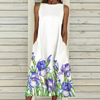 Ilgos Suknelės Moterų Mados Prarasti Rankovių Kišenės Spausdinimo Suknelė O-Kaklo Femme Derliaus Vasaros Atostogų Suknelė 2021 Vestidos