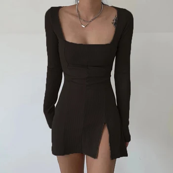 Seksualus Pusės Split Aikštėje Apykakle Ilgomis Rankovėmis Pavasario Dress Moterų Megzti Bodycon Šalies Clubwear Mini Suknelės 2021