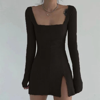 Seksualus Pusės Split Aikštėje Apykakle Ilgomis Rankovėmis Pavasario Dress Moterų Megzti Bodycon Šalies Clubwear Mini Suknelės 2021