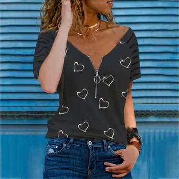 Madingų Moterų Vasara Širdyje, Print T-Shirts Streetwear Užtrauktukas Dekoro V-Kaklo trumpomis Rankovėmis Atsitiktinis Palaidų Puloveriai Viršų