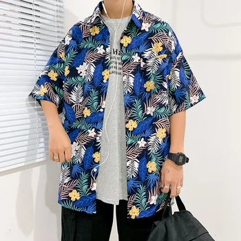 2021 Vasaros Marškinėliai Vyrams Negabaritinių Streetwear Korėjos Augalų Spausdinimo Striukė Havajų Paplūdimio Atostogų Harajuku Vyrai Trumpas Rankovės Marškinėliai