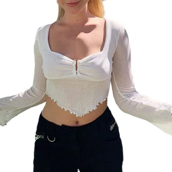 Sexy V Kaklo Moterys T-Shirt Juoda Balta Femme marškinėliai ilgomis Rankovėmis Vasarą Pasėlių Viršuje Įmantrybių Retro Tee Vien Skaidrus Vasaros Viršūnes