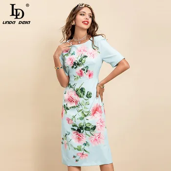 LD LINDA DELLA Naujas 2021 M. Vasarą kilimo ir tūpimo Tako Elegantiška Mėlynos Suknelės Moterims, O-Kaklo trumpomis rankovėmis Gėlių spausdinti Vintage Mados Midi Suknelė