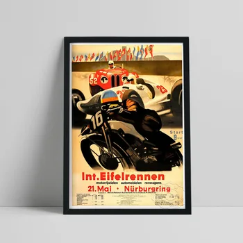 1930 m. vokietijos Nurnburgring Motociklų Lenktynių Plakatas, Automobilių Ventiliatoriai Rinkti, Juoda Motociklo Derliaus Sienos Nuotrauka, Gyvenamasis Kambarys Dekoro