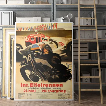 1930 m. vokietijos Nurnburgring Motociklų Lenktynių Plakatas, Automobilių Ventiliatoriai Rinkti, Juoda Motociklo Derliaus Sienos Nuotrauka, Gyvenamasis Kambarys Dekoro