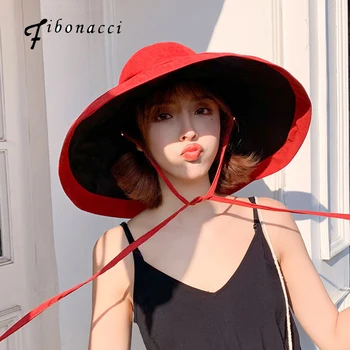 Fibonacci Raudonos Kepurės Moterims, Dvipusis Kietas Vasaros Moterų Dangtelis, Sulankstomas UV Atostogų, Saulės, Skrybėlę Didelis Kraštų Paplūdimio skėtį nuo saulės Kepurė